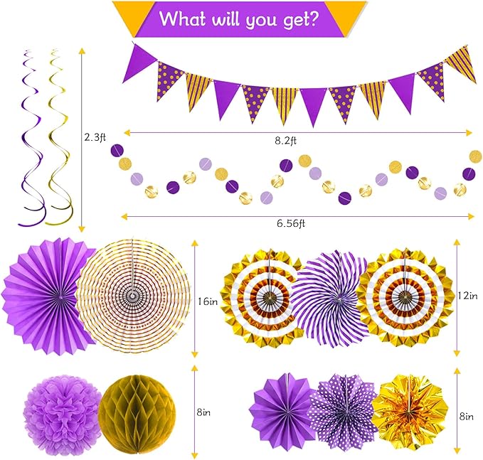 Purple Gold Party Decorations, Graduation Season Hanging Glitter Triangle Flags Banner Paper Fan Tissue Pom Poms Garlands, Women Girl Party, Bridal Shower, Purple Themed Birthday