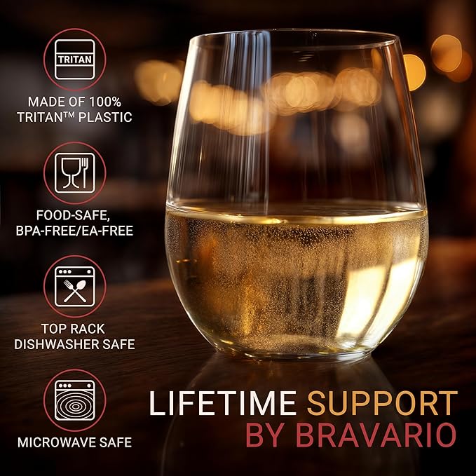 Bravario Unbreakable Stemless Plastic Wine Glasses | Reusable | Shatterproof 100% Tritan Plastic | Dishwasher-Safe | BPA-free | Awesome for Indoor & Outdoor | 16 oz, Set of 8