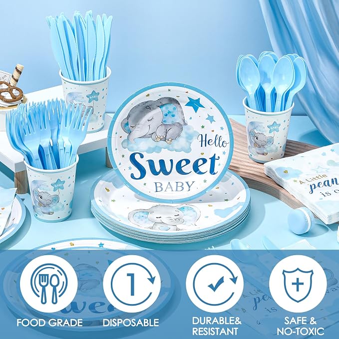 Sliner 175 Pcs Baby Boy Shower Decorations Plates Set for 25 Guests, Blue Elephant Theme Baby Shower Paper Plates Napkins Cups and Utensils Tableware Set It's a Boy Themed Birthday Party Supplies