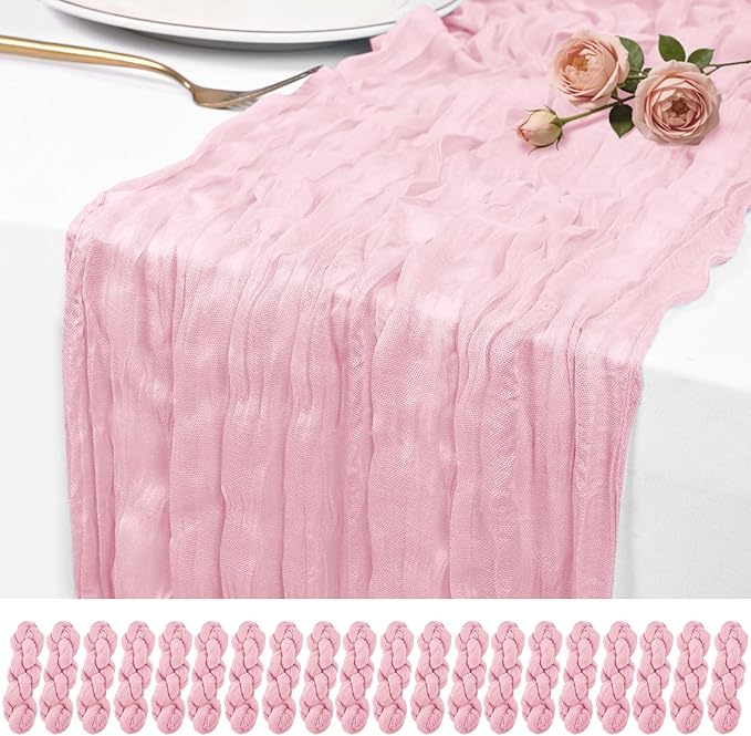 20 Pack Pink Cheesecloth Table Runner 17x108 Inch Semi Sheer Boho Rustic Gauze Cheese Cloth Table Runners for Wedding Party Birthday Baby Shower Home Décor