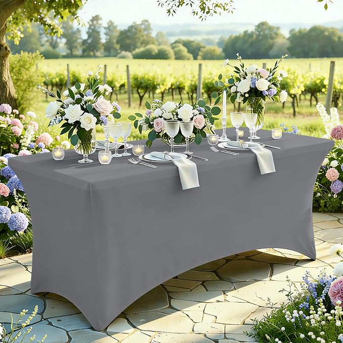 Moosfor Spandex Elastic Fitted 6FT Rectangle Tablecloth 6 Pack, Stretch Washable Reusable Table Cover for Outdoor Picnic, Dining, Wedding, Banquet & Party Events (Grey, 72Lx30Wx30H Inch)