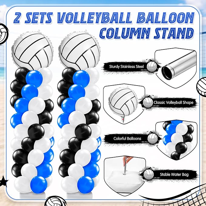 Kasyat 2 Sets Volleyball Balloon Column Stand Kit Blue Black White Volleyball Sports Balloons Adjustable Balloon Arch Stands for Senior Night Decorations Birthday Supplies