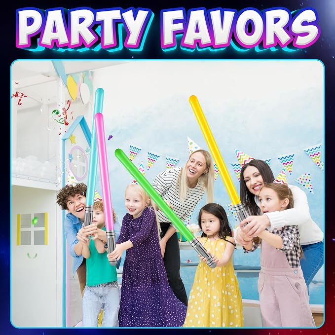 Bedwina Inflatable Saber Swords for Kids - (Pack of 12) 35-inch Neon Color Blow-Up Toy Saber Swords, Party Favors, Goodie Bags, Star Galaxy Theme Birthdays & Prize Toys