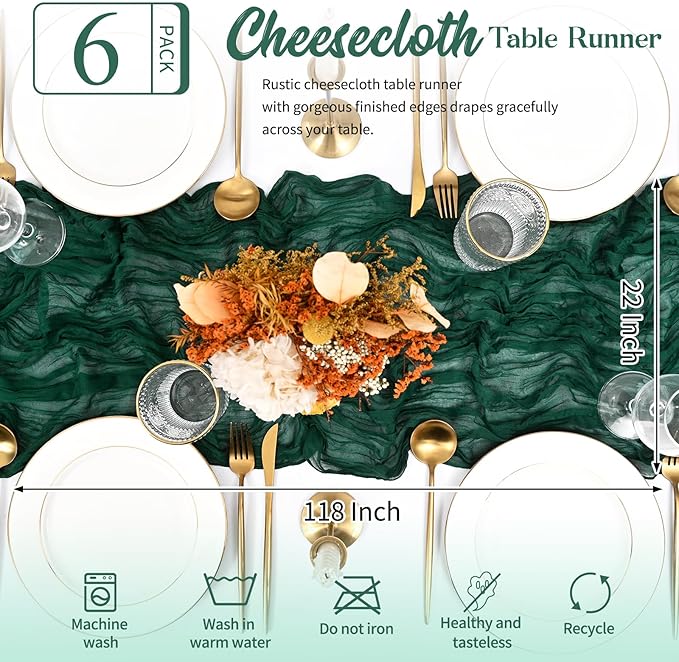 6 Pack Emerald Green Table Runner 10FT Long Cheesecloth Table Runner Cheese Cloth Gauze for Wedding Party Birthday Decoration-Emerald Green