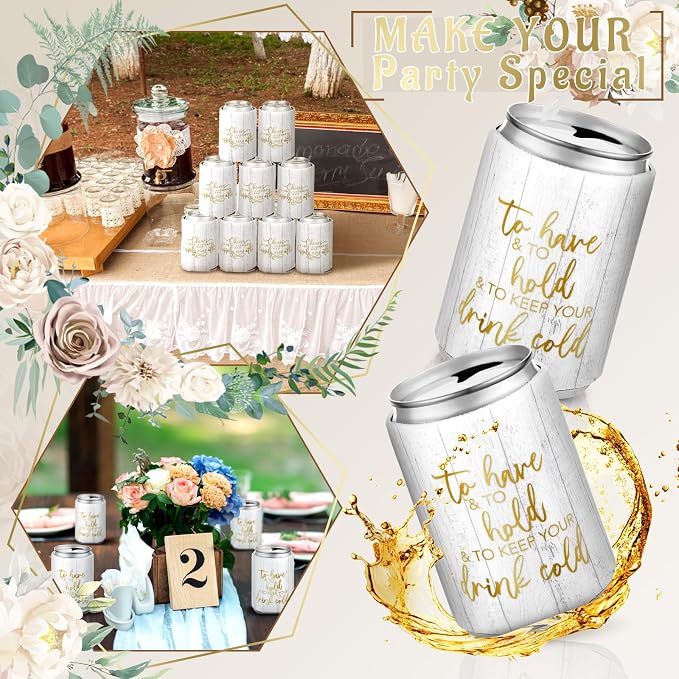 Qinyoung 50 Pieces Wood Grain Wedding Can Cooler Sleeves Bulk Engagement Party Favors for Guests Cheers to Love Laughter and Happily Ever After Rehearsal Dinner Decorations for Wedding Bridal