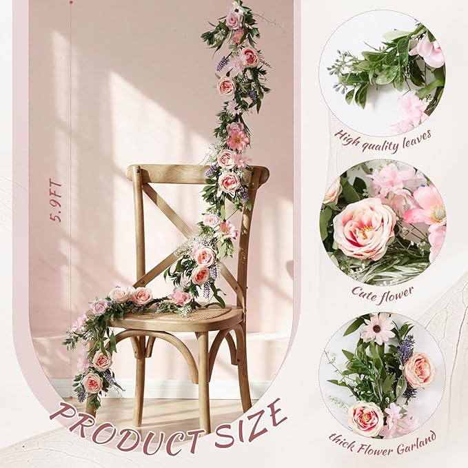 Giegxin 1 Pack 6 ft Artificial Flower Garland with Rose and Daisy Flower Pink Fake Wisteria Vines Summer Greenery Eucalyptus Garland for Wedding Mantle Porch Stair Table Indoor Decor