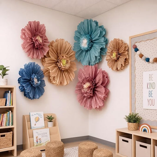 Giegxin 6 Pcs 31.5", 24" Boho Giant Paper Flowers Back to School Bulletin Board Decoration Large Pink Blue Classroom Tissue Flowers for Wall DIY Photo Backdrop Classroom First Day of School Party