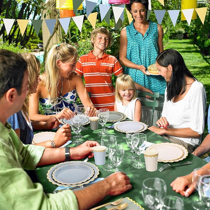 Mimorou 342 Pcs Dusty Blue Green Party Supplies for 48 Guests, Forest Green and Dusty Blue Scalloped Paper Plates Napkins Cups Gold Cutlery Tablecloth Banner Set for Birthday Baby Shower Wedding