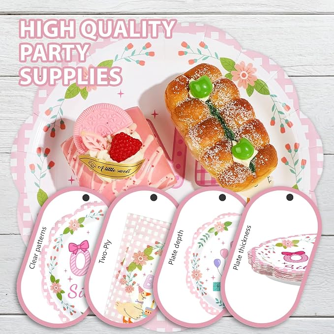96Pcs One Silly Goose Birthday Party Decorations Goose 1st Birthday Paper Plates and Napkins Sets Pink Bow Cute Wreath Geese Decorations for Baby Girls One Year Old Bday Party Supplies Serves 24