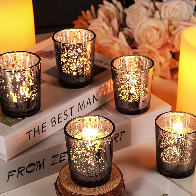 UPBUD Black Votive Candle Holders Set of 24, Speckled Mercury Candle Holders for Wedding Centerpiece Table Decorations, Tealight Candle Holder for Party Bridal Shower Decor, Home Decor