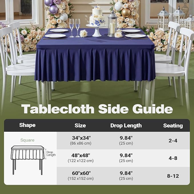 34x34 Inch Navy Blue Spandex Square Tablecloth,Wrinkle Free Navy Blue Fitted Table Cloth for Square Tables,Washable Pleated Table Cover for Wedding Birthday Cocktail Party Buffet Dinner Camping