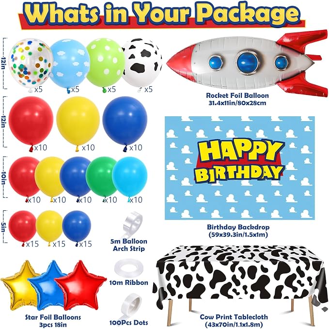 Winrayk 154Pcs Toy Inspired Story Birthday Party Decorations Supplies for Kids Teen, Balloon Arch with Backdrop Tablecloth Cow Print Balloons Star Rocket, Cartoon Game Girls Boys Birthday Party Decor