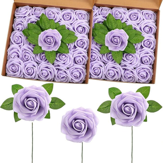 50 Pcs Artificial Foam Rose Flower Faux Bouquet Wedding Fake Rose Gift for Mother's Day Women DIY Bridal Shower Party Table Birthday Home Spring Decor (Lavender)