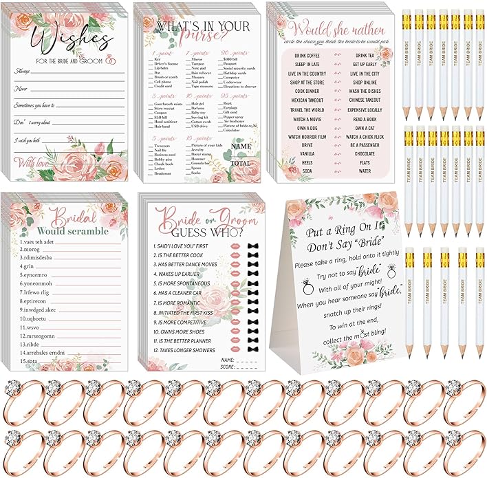 Sosation 331 Pcs Bridal Shower Games Supplies, 5 Sets (50 Cards Each) Wedding Games Cards, 1 Put a Ring on It Bridal Shower Game with 60 Rings and 20 Team Pencils for Wedding Engagement