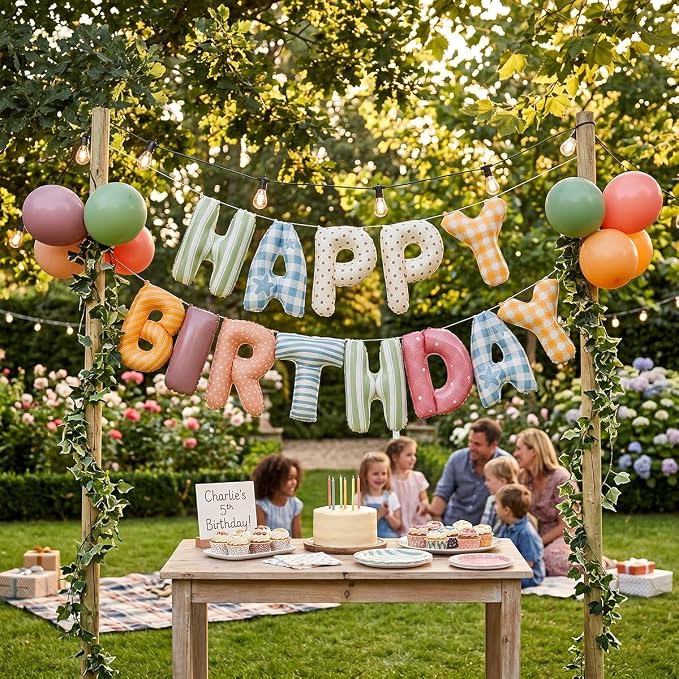 Colorful Happy Birthday Banner Foil Letter Balloon, 14 Inch 3D Plaid, Polka Dots, Stripes Patterned Reusable Mylar Foil Letters, Birthday Decorations (Birthday Banner 1)