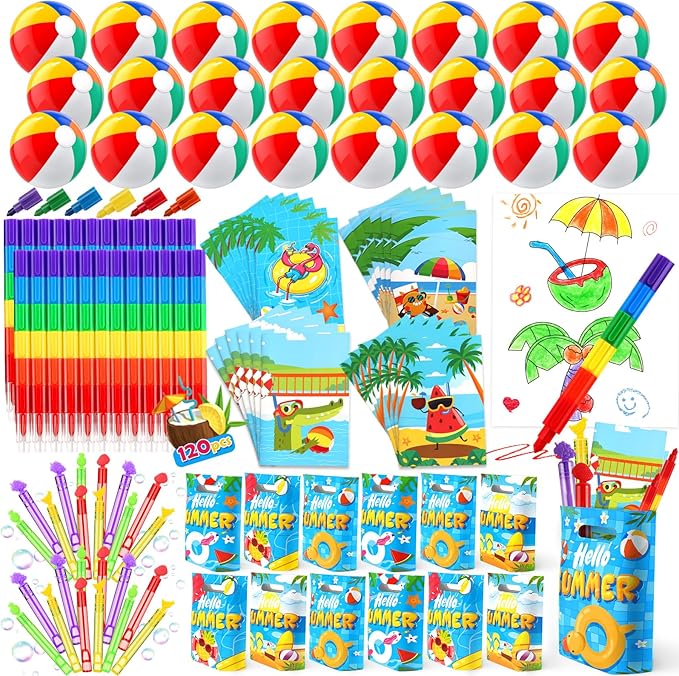 INNOCHEER Pool Party Favors Beach Party Favors for Kids 3-4-5-8-12, 120 PCS Goodie Bags Stuffers for Kids Summer Toys, Beach Balls, Crayons, Coloring Books Beach Pool Toys for Kids Ages 4-8-12