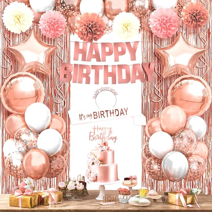 KatchOn, Rose Gold Birthday Decorations Set - Pack of 47 | Banner, Balloons, Pompoms, Headband, Sash & Fringe Curtains | Birthday Decorations for Women Girls | Girls Birthday Party Decorations