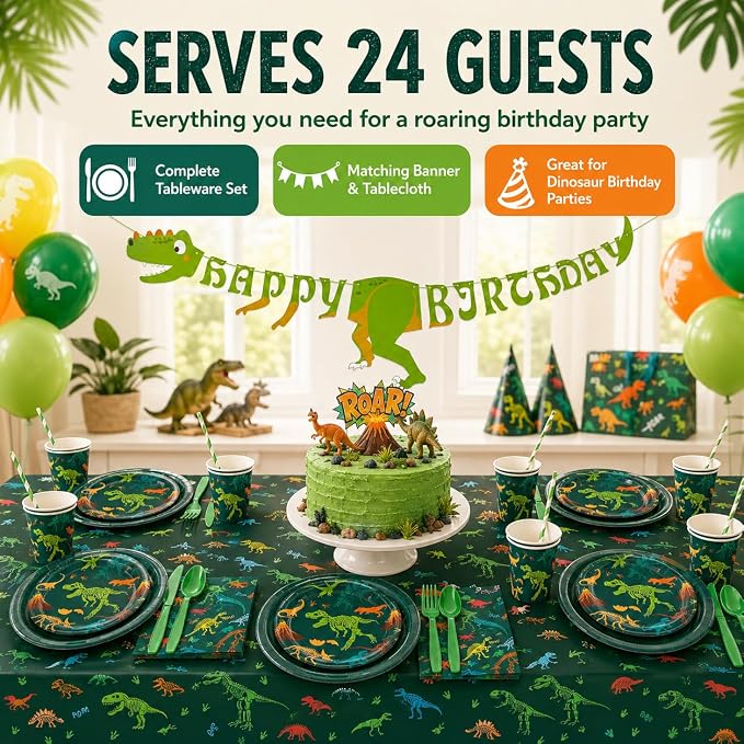 194 PCS Dinosaur Birthday Party Supplies, Dino Tableware Set for 24 Guests with Plates, Cups, Napkins, Straws, Forks, Spoons, Knives, Tablecloth & Banner, Decorations for Boys Kids Baby Shower