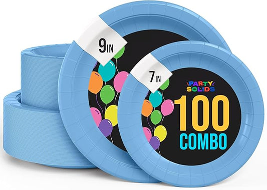 Exquisite Light Blue Paper Plates Disposable Heavy Duty 100 Pcs - 50-7" & 50-9" Light Blue Disposable Plates For Party Heavy Duty Paper Plate 350 GSM Birthday Party Supplies Plate Set