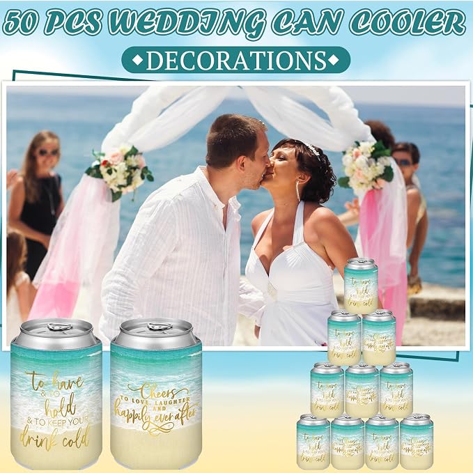 Qinyoung 50 Pieces Beach Theme Wedding Can Cooler Bulk Engagement Party Favors for Guests Cheers to Love Laughter and Happily Ever After Rehearsal Dinner Decorations for Wedding Bridal Party