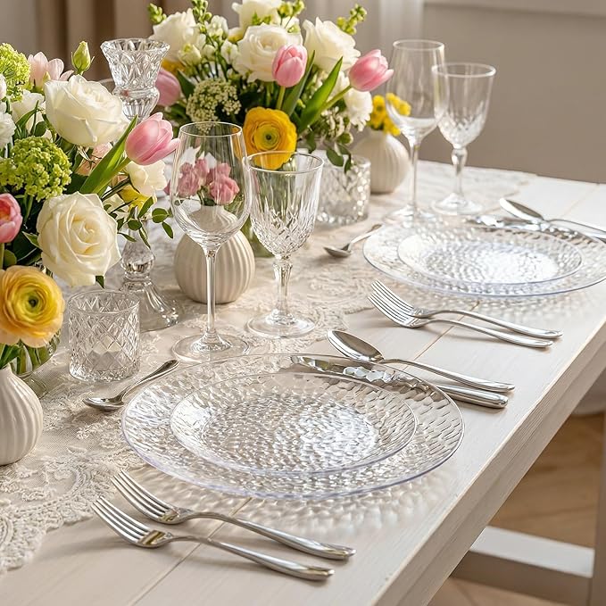 Rubtlamp 100Pcs Clear Plastic Plates, Heavy Duty Party Plates, Hammered Disposable Plates Include 50 Clear Fancy Dessert Plate, 50 Dinner Plate for Wedding Party