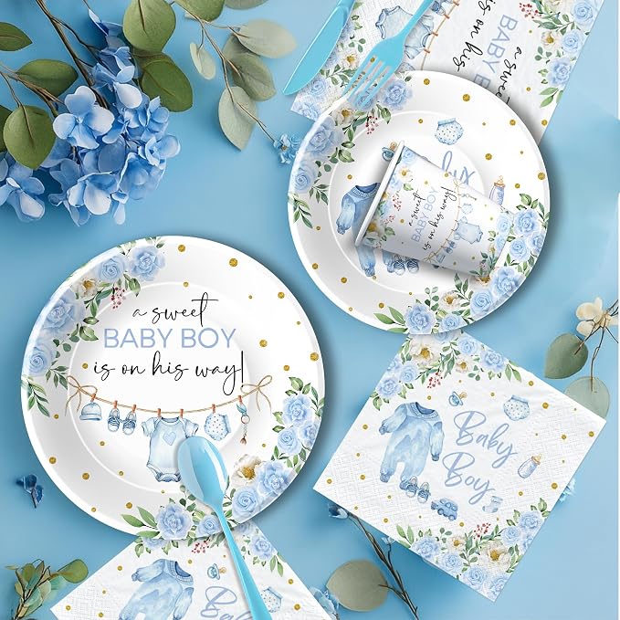 Srua Don Baby Boy Baby Shower Decorations, Blue Floral Sweet Baby Boy Party Supplies, Plate, Napkin, Cup, Tablecloth, Banner, Swirls, Cutlery, Boy Gender Reveal Table Decorations, Serves 24