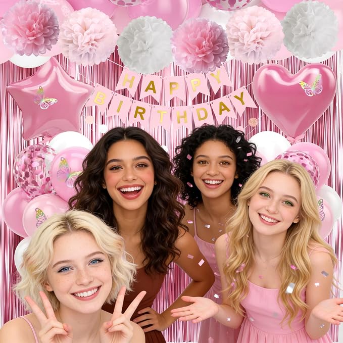 Pink White Birthday Party Decorations 12INCH Light Pastel Pink Confetti Balloons Happy Birthday Banner Cake Topper Fringe Curtain Paper Pom Poms Butterfly Sticker 18INCH Heart Star Foil Girls Women