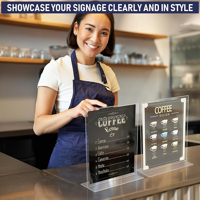 Acrylic Sign Holder 8.5 x 11 - Heavy Duty T-Shape Table Top Display Stand, Extra Wide 3-Inch Base, Double Sided Bottom Load, Crystal Clear Menu Holder: Restaurant, Office, Wedding, Trade Show (6 Pack)