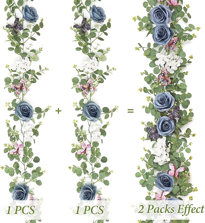 2Pcs 5.9 Ft Artificial Rose Vine Fake Flower Garland Blue Rose Hydrangea Vines with 3D Butterflies Hanging Floral Eucalyptus Garland for Wedding Party Background Arch Table Wall Home Decor