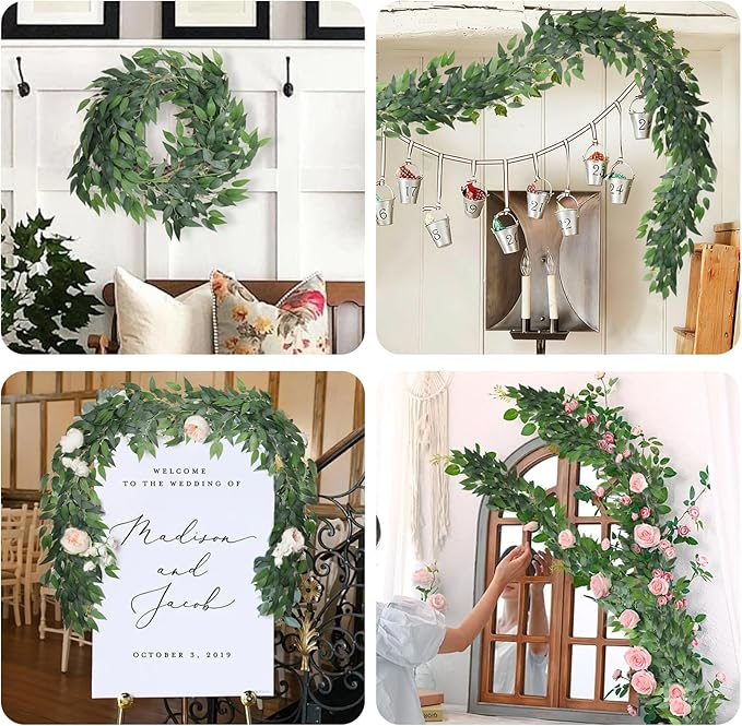 RECUTMS Fake Willow Leaves Vine Artificial Italian Ruscus Greenery Garland 2Pack 6.5FT Faux Hanging Silk Leaf Ivy Rattan for Home Office Wedding Garden Balcony Wall Window Indoor Outdoor Decor