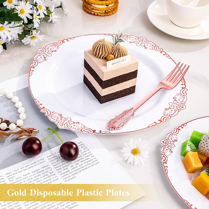 Goodluck 100PCS Rose Gold Plastic Plates – 10.25” Heavy Duty Disposable Dinner Plates & Party Plates for Weddings, Parties, Events – Elegant, Sturdy
