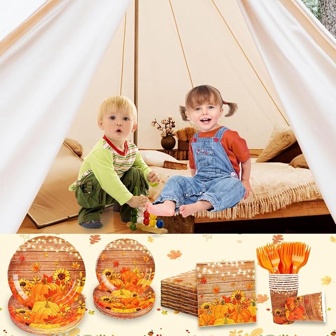 182pcs Fall Paper Plates and Napkins Set,Thanksgiving and Pumpkin Plates Disposable Dinnerware for Autumn Birthday Thanksgiving Party Decorations,Serve 30 Guests