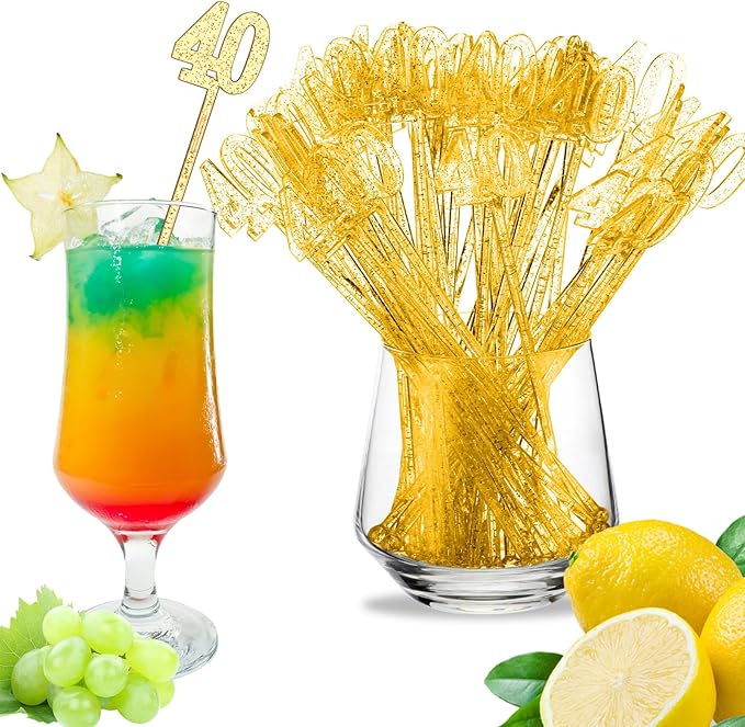 Reallnaive 100 Pcs 40th Birthday Drink Stirrers Gold Glitter Cocktail Stirrers Plastic Swizzle Sticks 7.5 Inch Fall Birthday Cupcake Toppers Sticks Bulk for Coffee Bar Cake Pops Christmas Party Favor