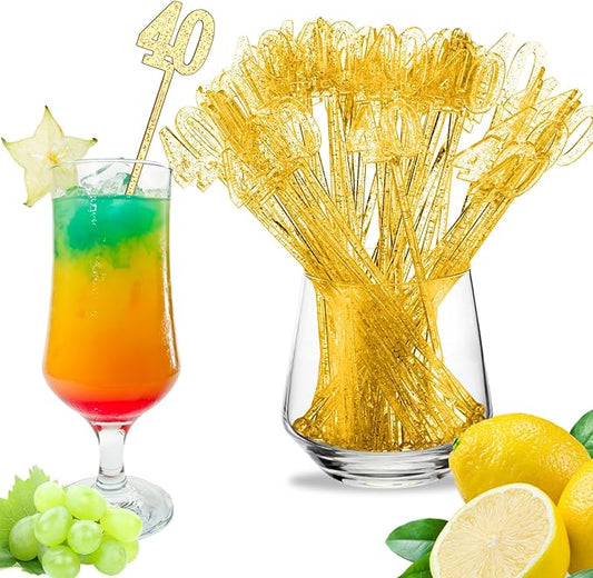 Reallnaive 100 Pcs 40th Birthday Drink Stirrers Gold Glitter Cocktail Stirrers Plastic Swizzle Sticks 7.5 Inch Fall Birthday Cupcake Toppers Sticks Bulk for Coffee Bar Cake Pops Christmas Party Favor