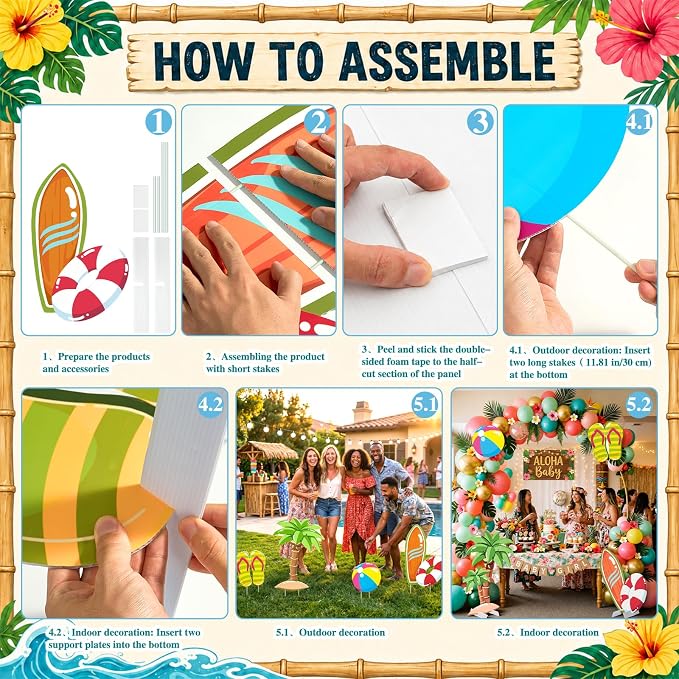 4 Pcs Large Summer Party Decorations, Hawaiian Yard Signs with Stakes Flip Flops Beach Ball Surfboard Palm Tree Cardboard Cutouts for Tropical Birthday Baby Shower Indoor Outdoor Photo Prop