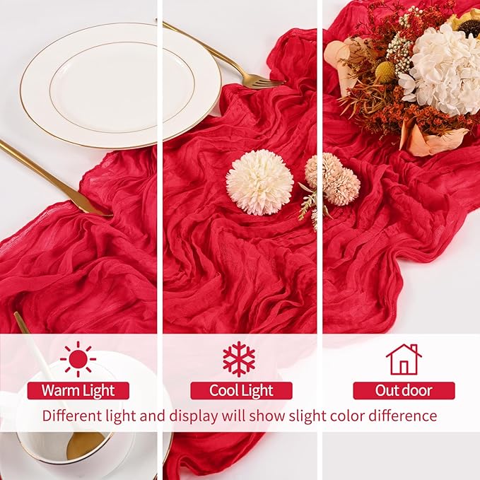 8 Pack Red Cheesecloth Table Runner 120 Inch 10FT Spring Boho Rustic Sheer Gauze Cheese Cloth Table Runner for Wedding Baby Shower Birthday Party Table Decor