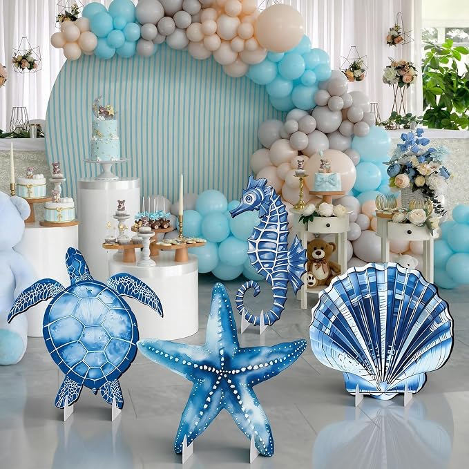 4 Pack Under The Sea Party Decorations Sea You Soon Decoration 20.47 Inch Large Birthday Party Cardboard Cutout Blue Turtle Seahorse Starfish Shell Stand-ups Ocean Theme Photo Booth Props