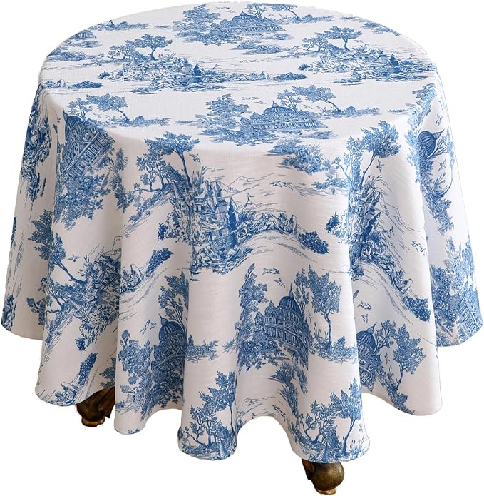 patdrea Elegant French Linen Tablecloth,Round,Diameter 55"-Lucerne A | Vintage Elegant Table Cloth for Round Table,Blue and White Chinoiserie Print,for Dining Room Tea Party Thanksgiving