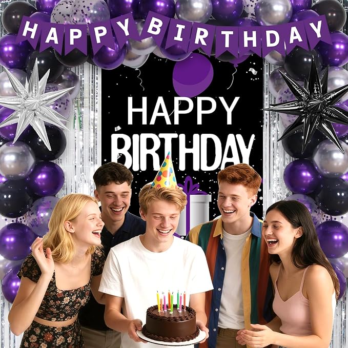 Purple and Black Birthday Decorations for Women Men, Happy Birthday Decorations for Girls Boys Purple Bday Party Decorations Banner, Balloons, Tablecloth Foil Backdrop Star Balloons Bday Party Decor