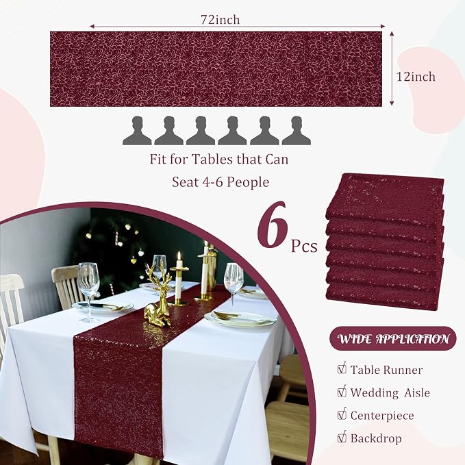 6 Pack Burgundy Red Valentine's Day Sequin Table Runner 12" x 72" Sparkle Table Runner for Baby Bridal Shower Wedding Birthday Party Table Decor (Burgundy)