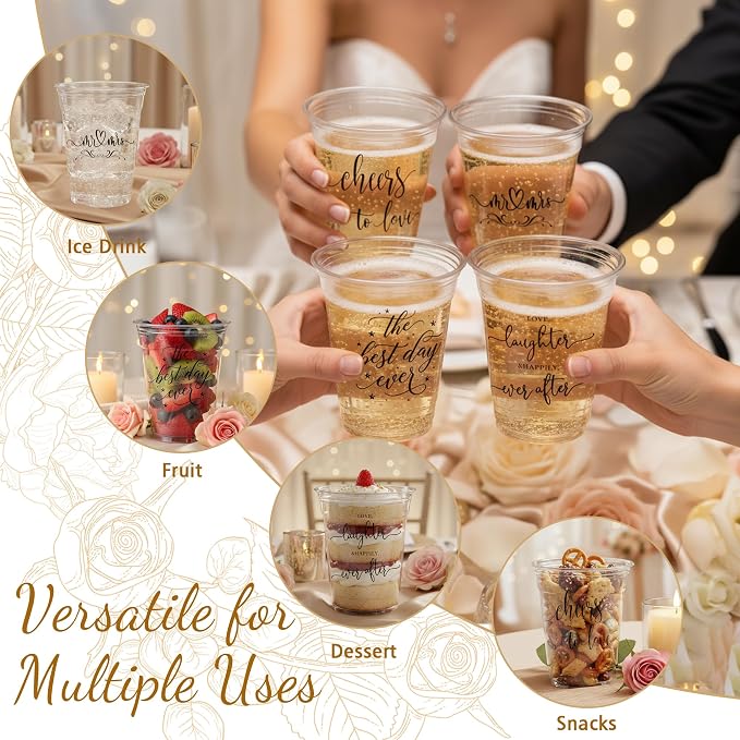 Edussy 200 Pack Disposable Wedding Plastic Cups Decor-4 Pattern 12 oz Mr and Mrs Cups for Wedding Stuff Decorations for Reception Bridal Shower Anniversary Party