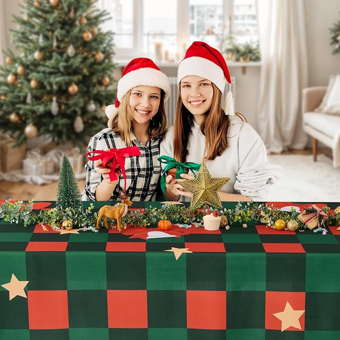Christmas Tablecloth Rectangular 60x84 Inch for 4ft Waterproof, Machine Washable Checkered Polyester Table Cover for Xmas Party, Winter Holiday Home Decoration in Festive Checkered Star 1pack