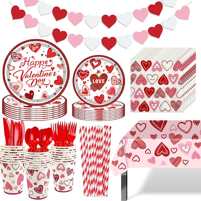 Valentines Day Party Supplies Set for 24, Valentine's Day Plates and Napkins Valentines Tablecloth Cups Valentine Disposable Dinnerware for Valentine's Days Party Decorations