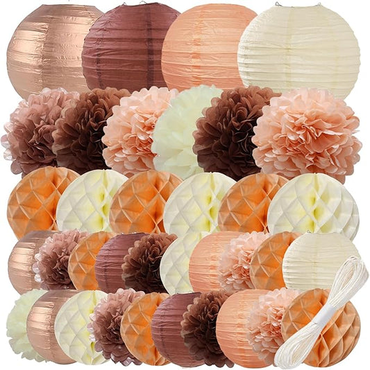WOLHOWLTD Rose Gold Paper Decoration Set - 36 Pcs Paper Lanterns Pompoms Honeycomb for Wedding, Valentine's,Single Party,Bridal Shower,Birthday Home Garden Decoration(Rose Gold Coffee Peach Beige)