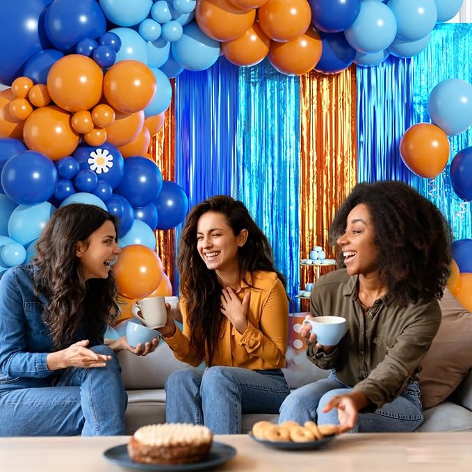 Blue Orange Balloon Arch Garland Kit Birthday Party Decorations, Orange Blue and Light Blue Foil Fringe Curtains Backdrop Tinsel Streamers Banner Photo Booth Props Dog Themed Party Decor Supplies