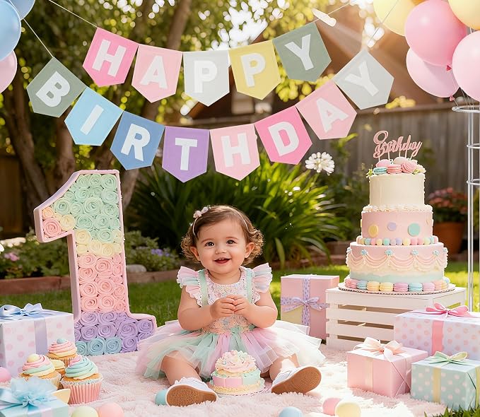 Happy Birthday Banner Felt Pastel Birthday Decorations Sign Pastel Rainbow Party Garland First Girl Pennant Banner