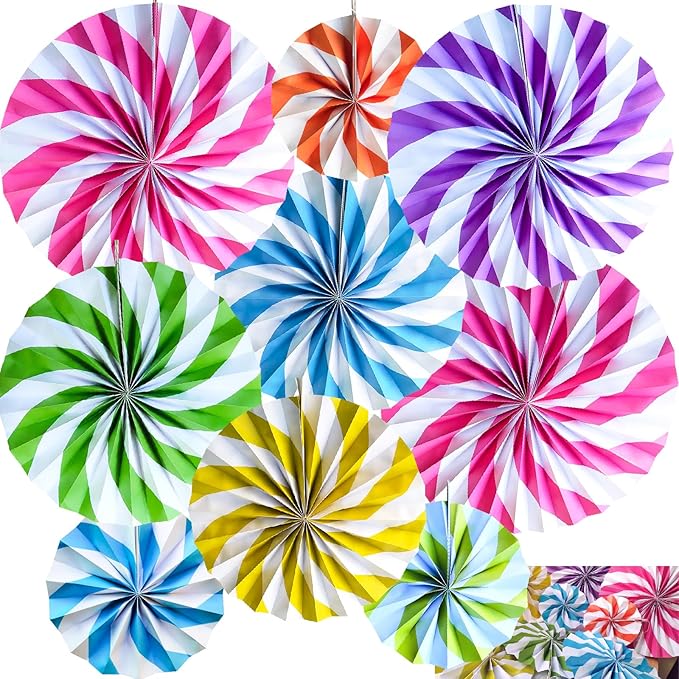 9Pcs Candyland Party Decorations Candy Paper Fans Hanging Background Wall Lollipop Candy Fans for Garland Ceilings Classroom Decoration Wedding Candyland Themed Birthday Party Supplies