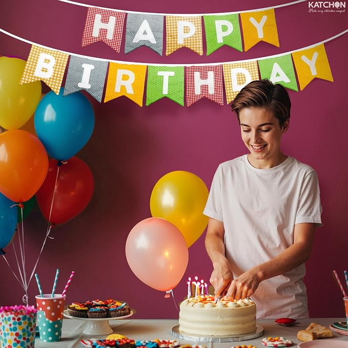 KatchOn, Colorfull Fabric Happy Birthday Banner – Pre-Strung, 10 Feet | Happy Birthday Sign for Birthday Party Decorations for Women, Men | Happy Birthday Sign Backdrop for Happy Birthday Decorations