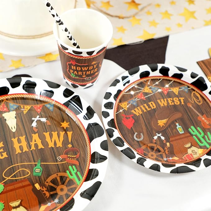 Recheel Western Birthday Party Supplies Decorations, Cowboy Wild West Theme Birthday Paper Plates and Napkins Set with Cups and Straws for 24 Guests, 120 Pcs Disposable Party Dessert Dinnerwares