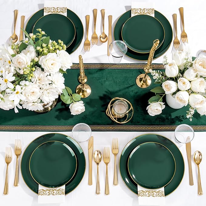 YOUBET 175PCS Green Plastic Plates - Green and Gold Disposable Plates Include 50 Plate, 75 Silverware, 25 Cups, 25 Napkins for Wedding & Party